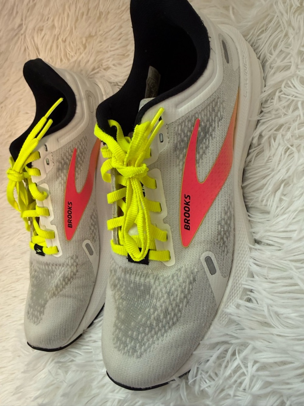 Brooks White Running Shoes with Neon Yellow Laces and Pink Accents - Picture 2 of 6